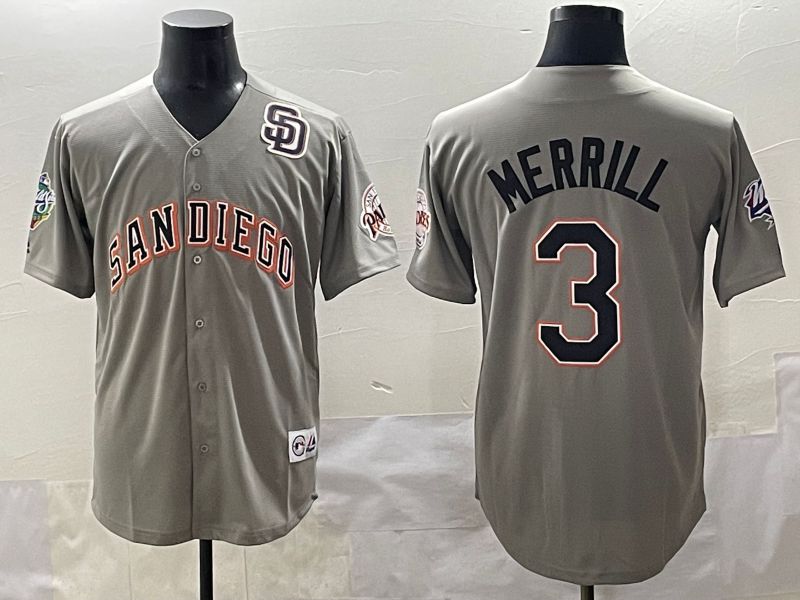 Men 2025 San Diego Padres #3 Merrill Grey Throwback Game Nike MLB Jersey style 9